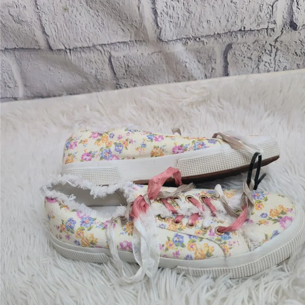Superga X LoveShackFancy Cream Floral Coquette Canvas Fringe Sneakers
